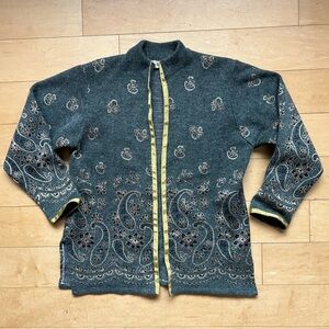 Wei Ni paisley sweater cardigan, no size tag, long‎ sleeve, knit, classic, gold
